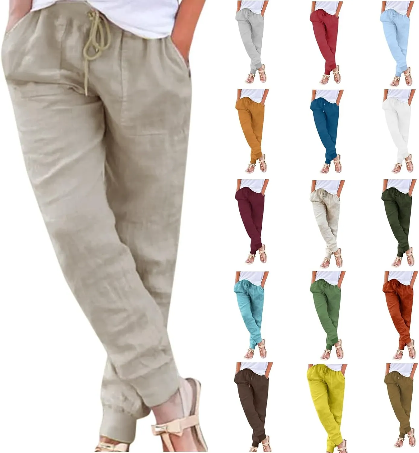 Womens Linen Tapered Pants Summer Lightweight Casual High Waisted Beach Pants Loose Drawstring Trousers with Pockets