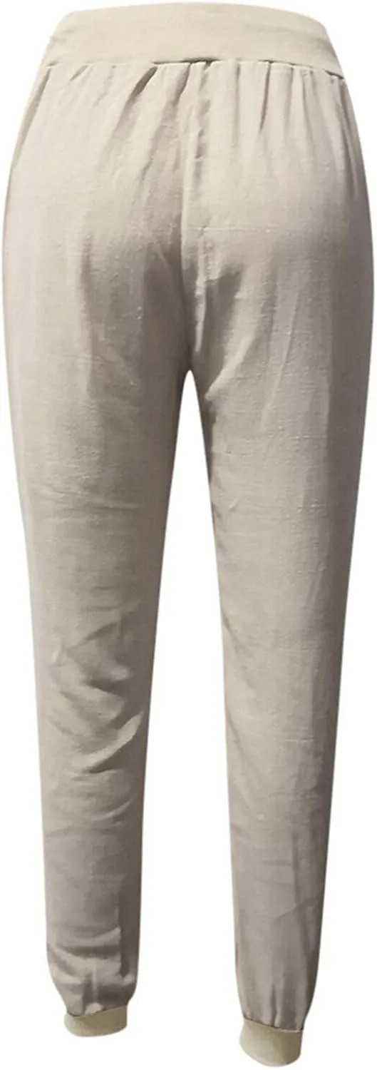 Womens Linen Tapered Pants Summer Lightweight Casual High Waisted Beach Pants Loose Drawstring Trousers with Pockets