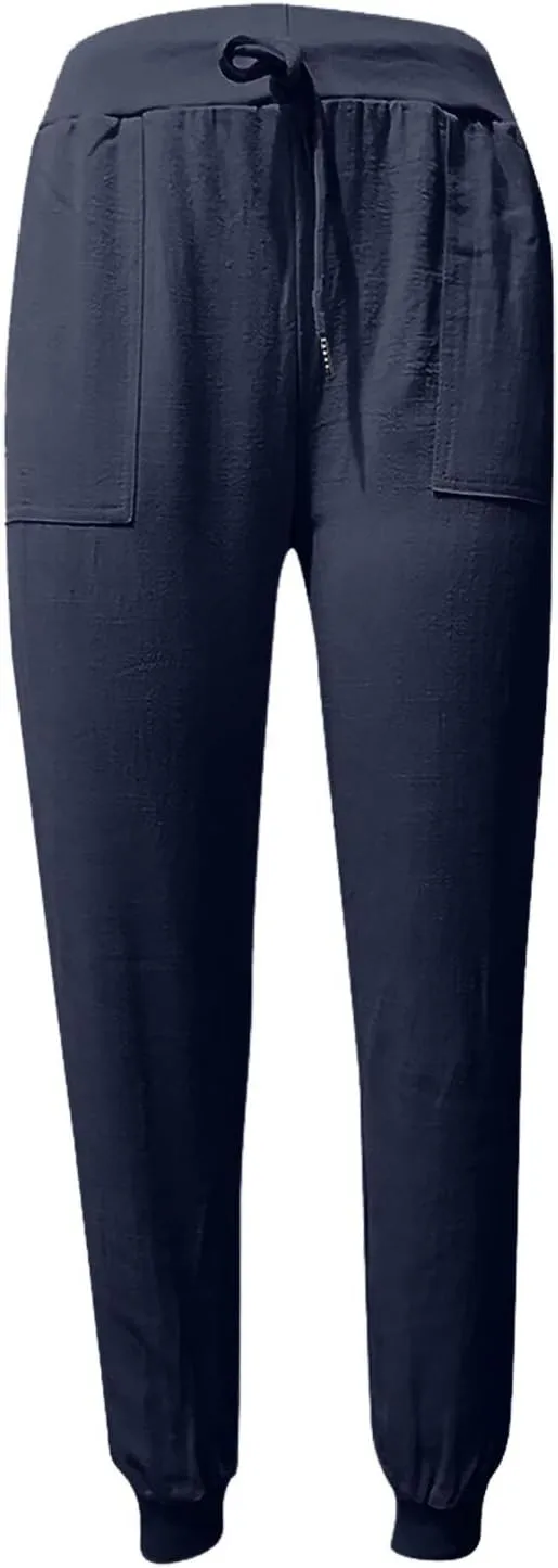 Womens Linen Tapered Pants Summer Lightweight Casual High Waisted Beach Pants Loose Drawstring Trousers with Pockets
