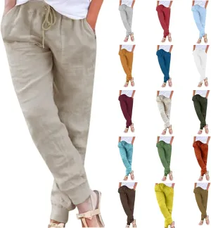Womens Linen Tapered Pants Summer Lightweight Casual High Waisted Beach Pants Loose Drawstring Trousers with Pockets