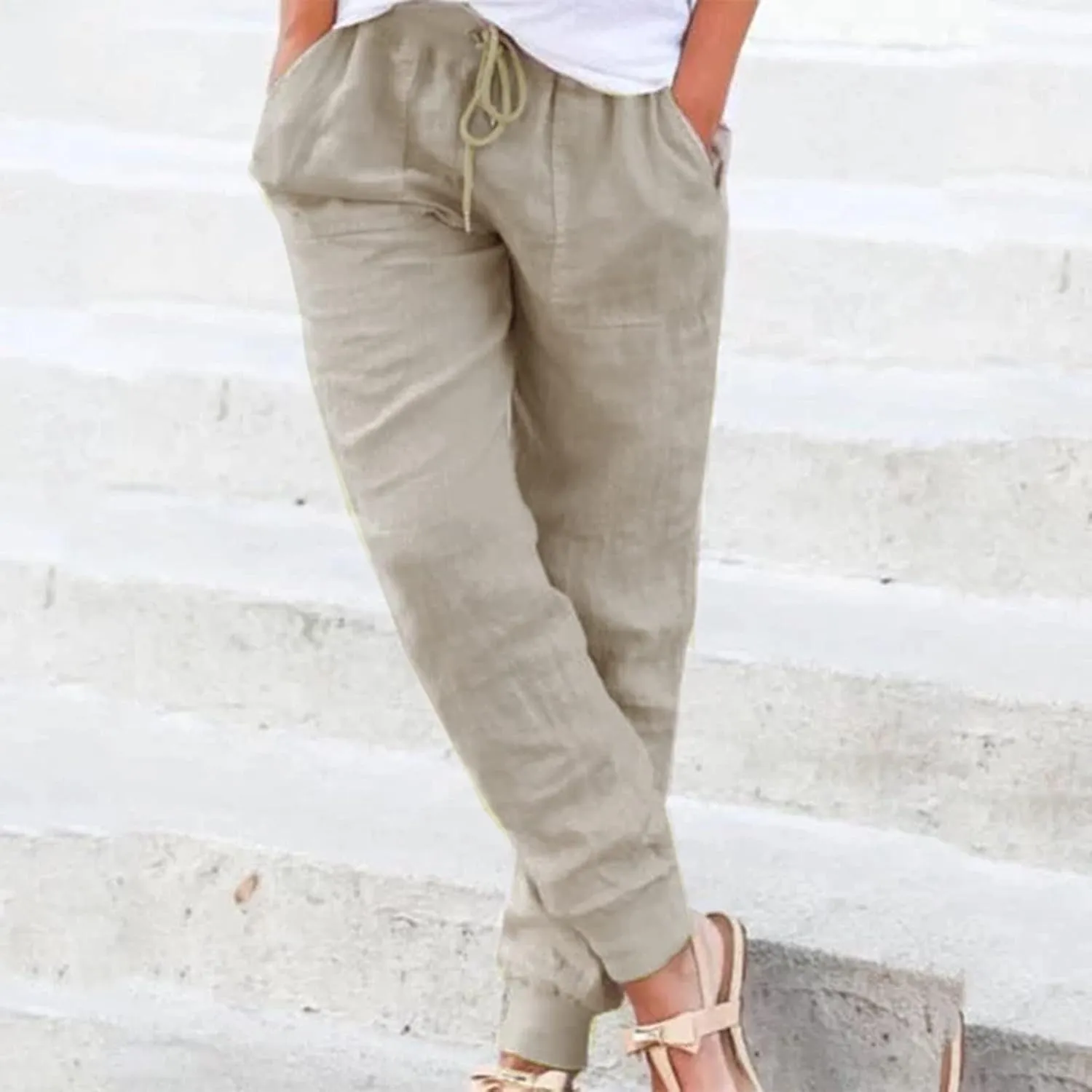Womens Linen Tapered Pants Summer Lightweight Casual High Waisted Beach Pants Loose Drawstring Trousers with Pockets