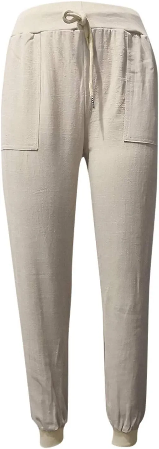 Womens Linen Tapered Pants Summer Lightweight Casual High Waisted Beach Pants Loose Drawstring Trousers with Pockets