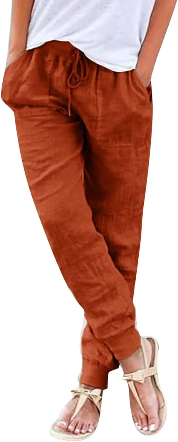 Womens Linen Tapered Pants Summer Lightweight Casual High Waisted Beach Pants Loose Drawstring Trousers with Pockets