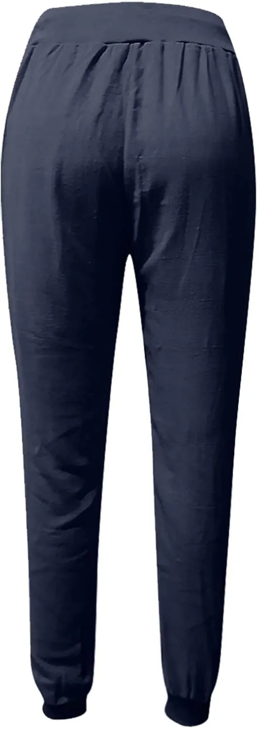 Womens Linen Tapered Pants Summer Lightweight Casual High Waisted Beach Pants Loose Drawstring Trousers with Pockets