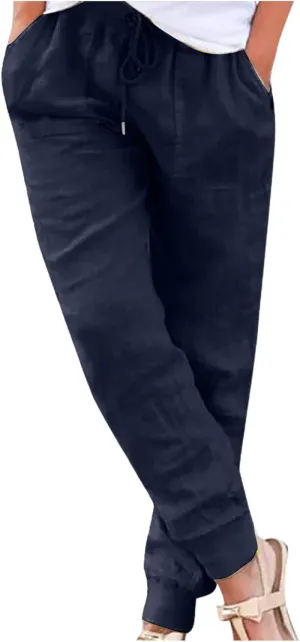 Womens Linen Tapered Pants Summer Lightweight Casual High Waisted Beach Pants Loose Drawstring Trousers with Pockets