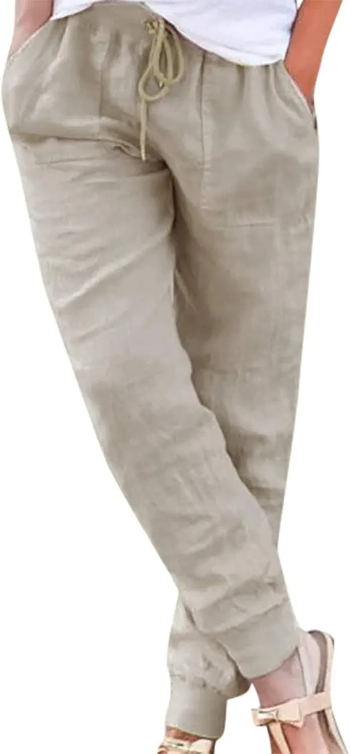 Womens Linen Tapered Pants Summer Lightweight Casual High Waisted Beach Pants Loose Drawstring Trousers with Pockets
