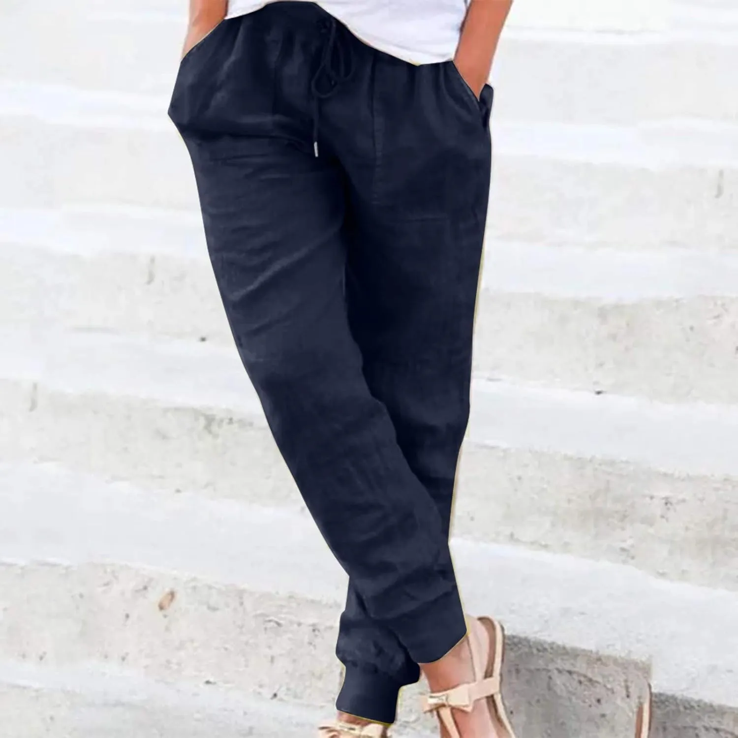 Womens Linen Tapered Pants Summer Lightweight Casual High Waisted Beach Pants Loose Drawstring Trousers with Pockets