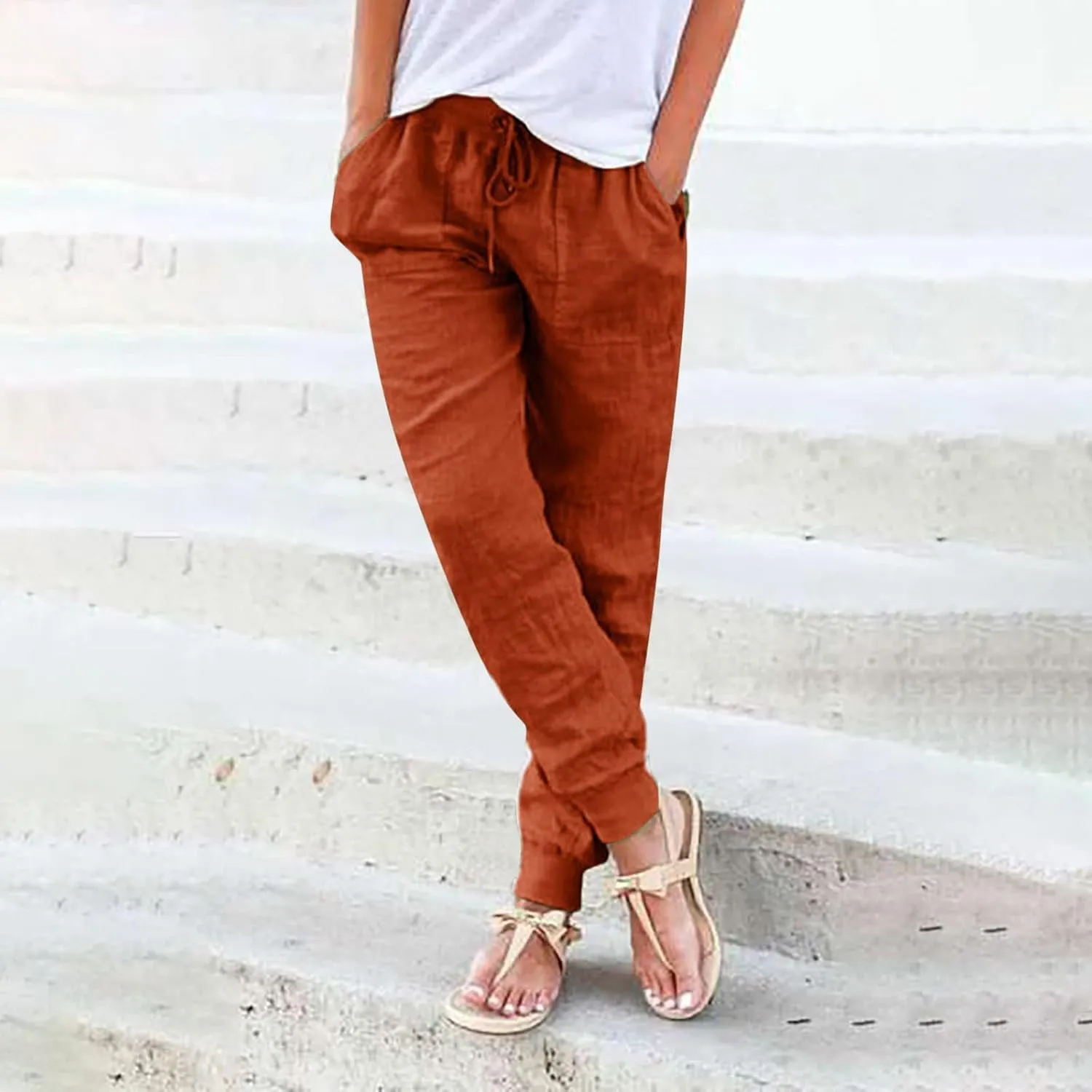 Womens Linen Tapered Pants Summer Lightweight Casual High Waisted Beach Pants Loose Drawstring Trousers with Pockets
