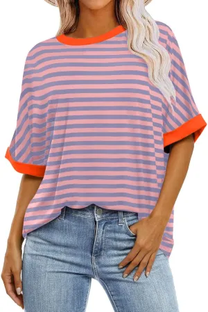 Womens Oversized T Shirts 2024 Casual Crewneck Short Half Sleeve Colorblock Striped Summer Tops