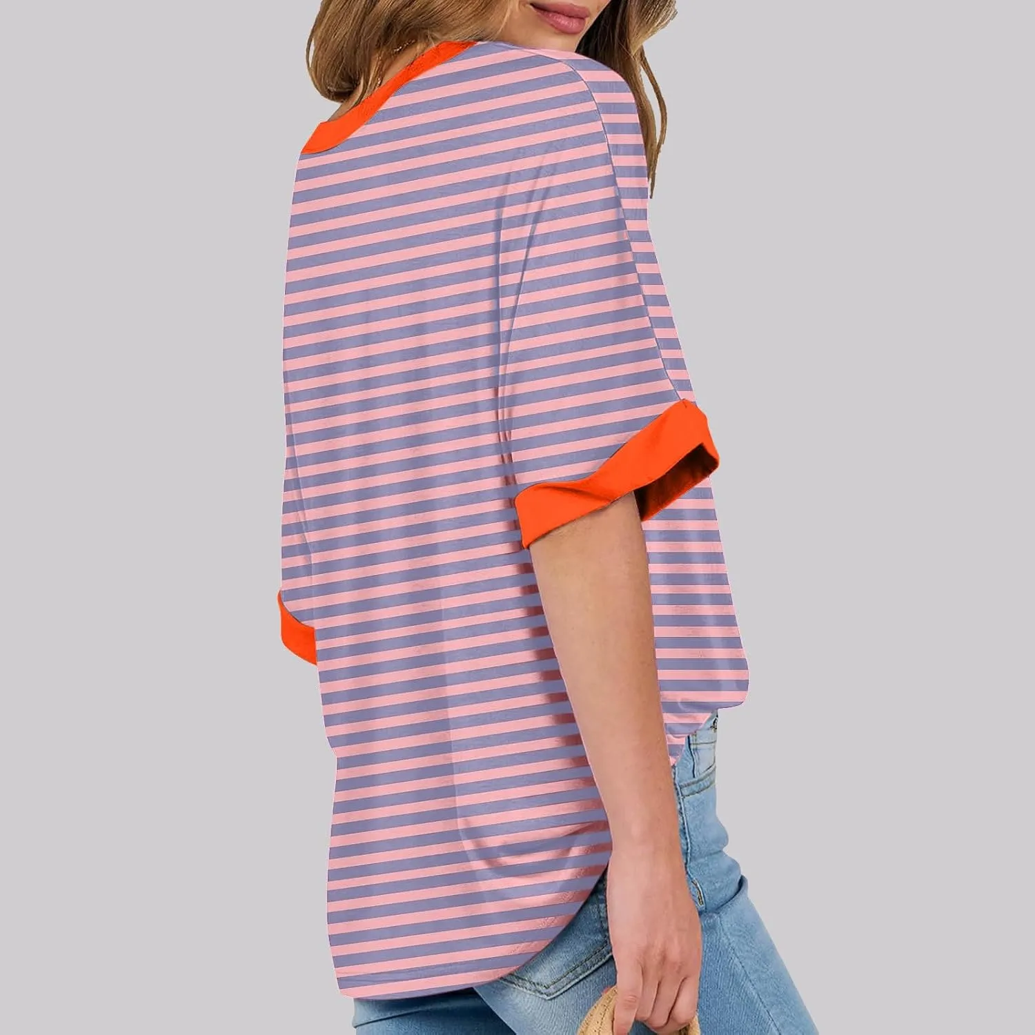 Womens Oversized T Shirts 2024 Casual Crewneck Short Half Sleeve Colorblock Striped Summer Tops