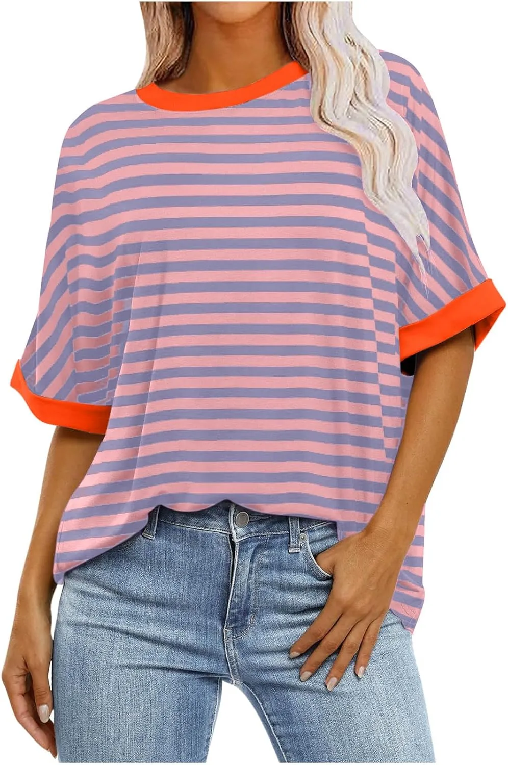 Womens Oversized T Shirts 2024 Casual Crewneck Short Half Sleeve Colorblock Striped Summer Tops