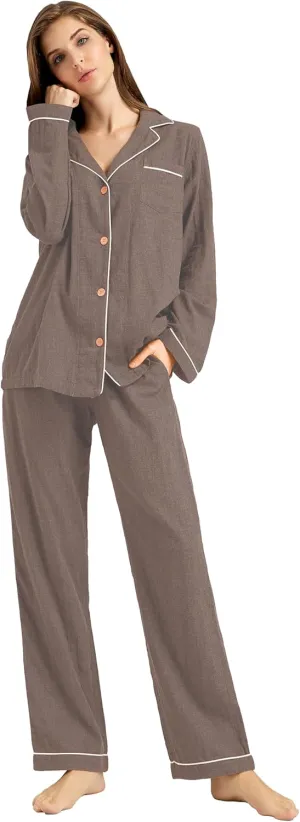 Women's Pajama Set 100% Double Gauze Cotton Linen Like Super Soft Comfy Lightweight Button Down Sleepwear