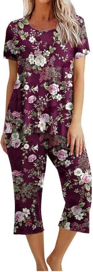 Womens Pajamas Comfy Soft 2 Piece Lounge Sets Nightshirt Capri Pants Pjs Loungewear Matching Outfits Sleepwear