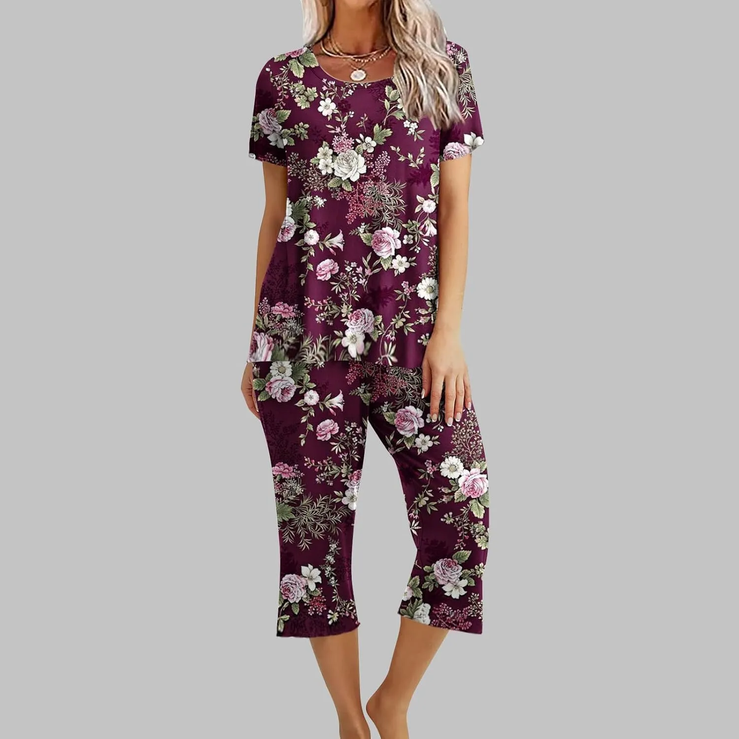 Womens Pajamas Comfy Soft 2 Piece Lounge Sets Nightshirt Capri Pants Pjs Loungewear Matching Outfits Sleepwear