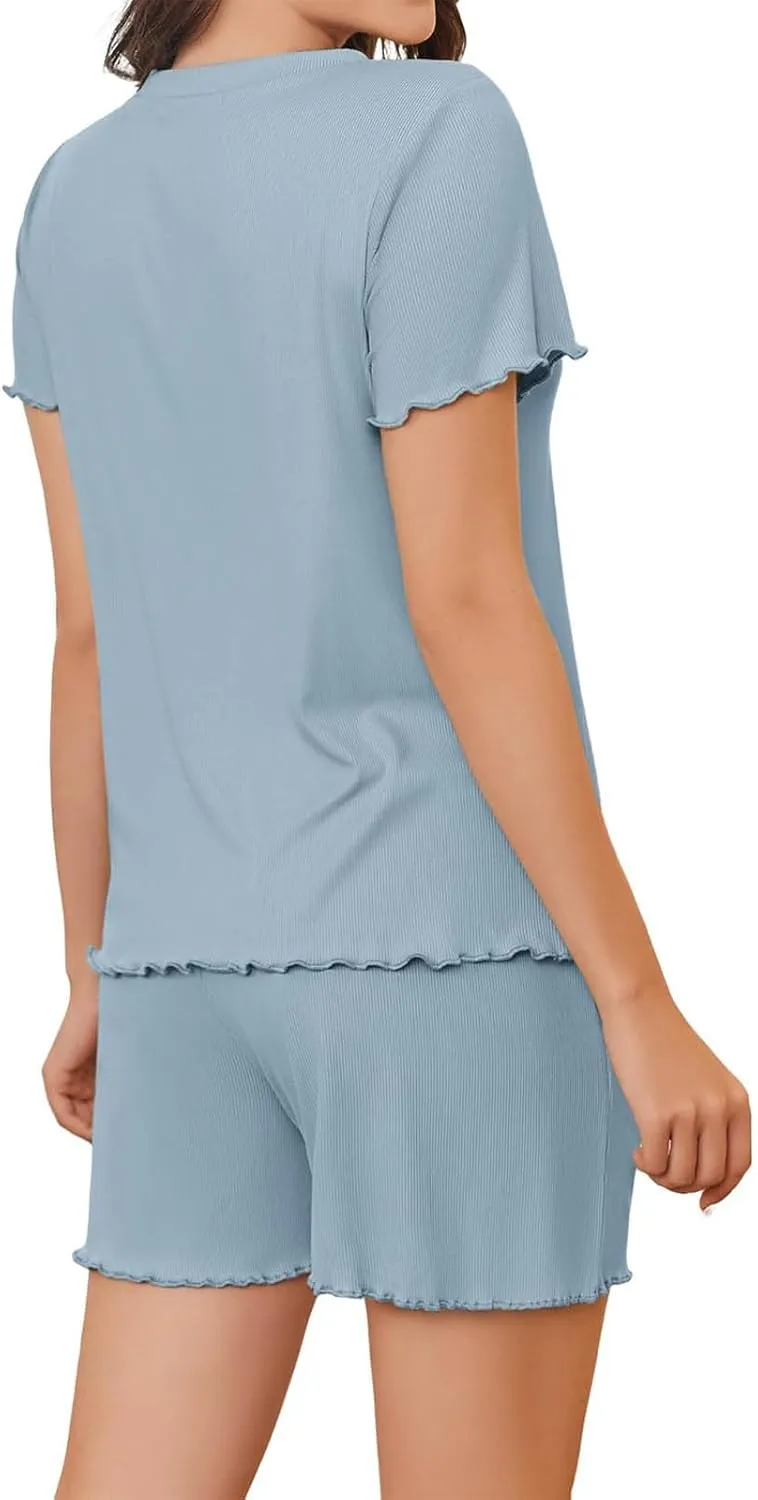 Womens Pajamas Set 2 Piece Ribbed Knit Short Sleeve Crewneck Top Shorts Lounge Sets Loose Casual Soft Comfy Sleepwear
