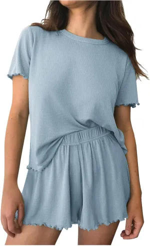 Womens Pajamas Set 2 Piece Ribbed Knit Short Sleeve Crewneck Top Shorts Lounge Sets Loose Casual Soft Comfy Sleepwear