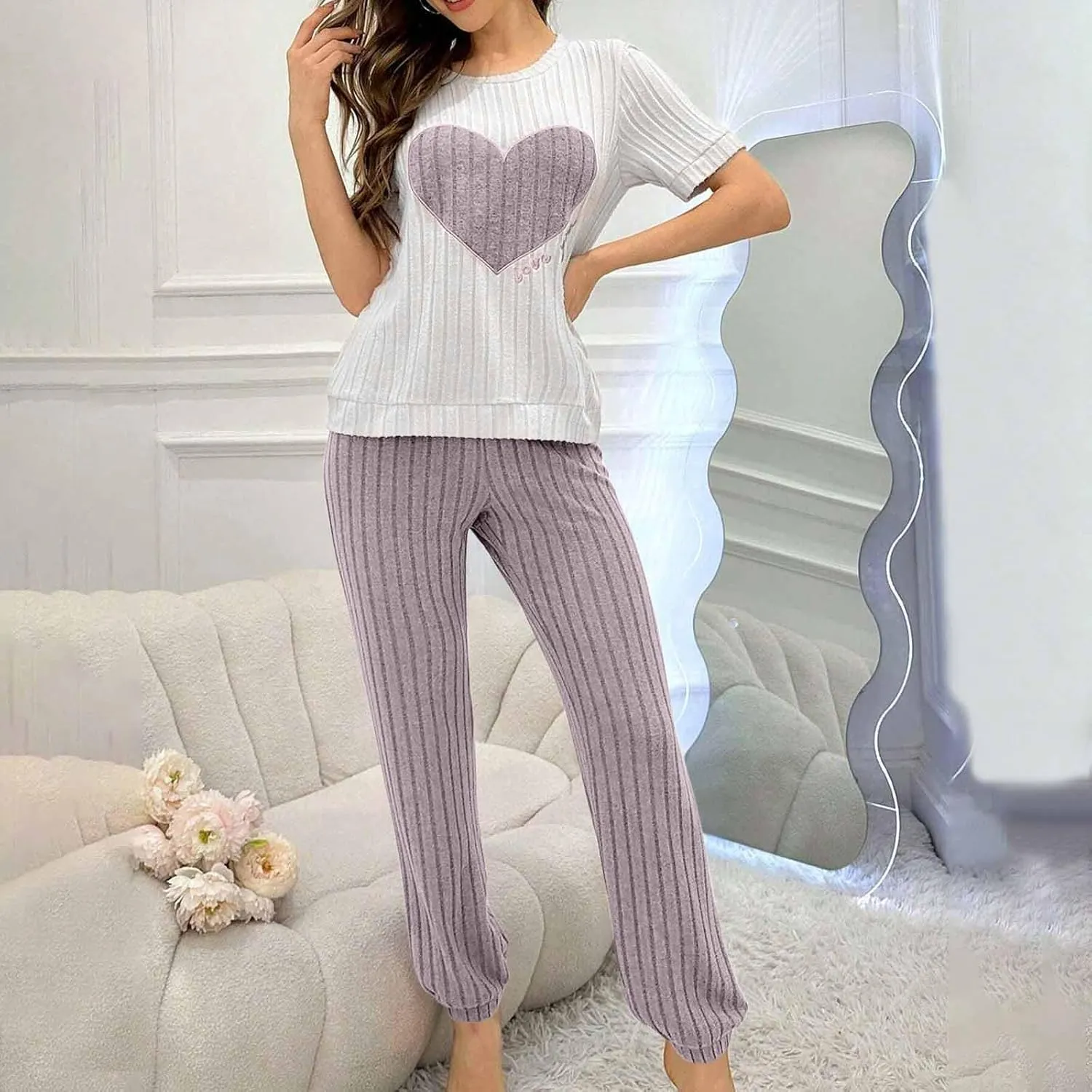 Womens Pajamas Sets Soft Ribbed Knit Pjs Heart Graphic Short Sleeve Lounge Sets Casual Two Piece Pjs Sweatpants