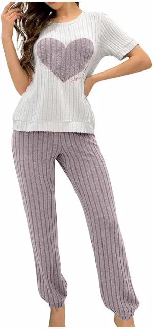 Womens Pajamas Sets Soft Ribbed Knit Pjs Heart Graphic Short Sleeve Lounge Sets Casual Two Piece Pjs Sweatpants
