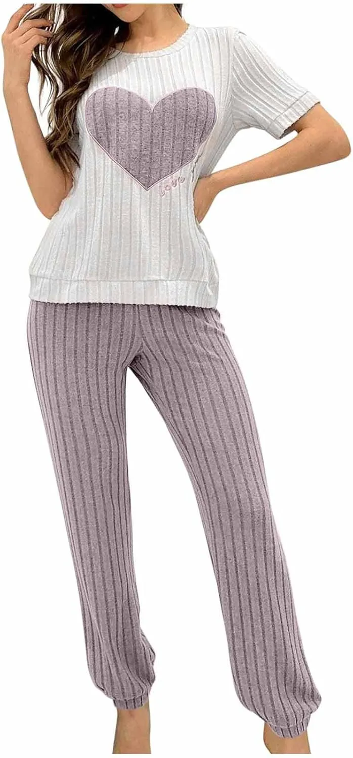 Womens Pajamas Sets Soft Ribbed Knit Pjs Heart Graphic Short Sleeve Lounge Sets Casual Two Piece Pjs Sweatpants