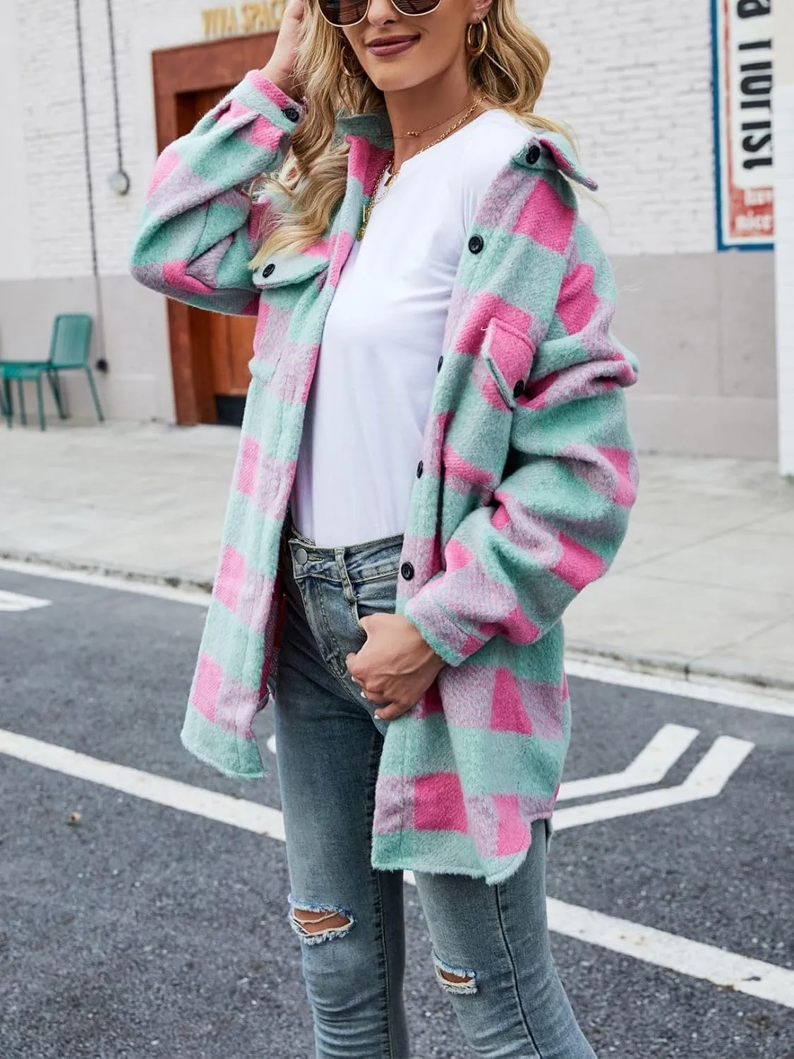 Womens Plaid Flannel Shirt Jacket Long Sleeve Wool Blend Tartan Shacket Coat