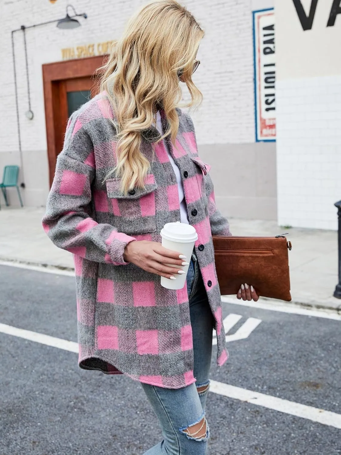 Womens Plaid Flannel Shirt Jacket Long Sleeve Wool Blend Tartan Shacket Coat