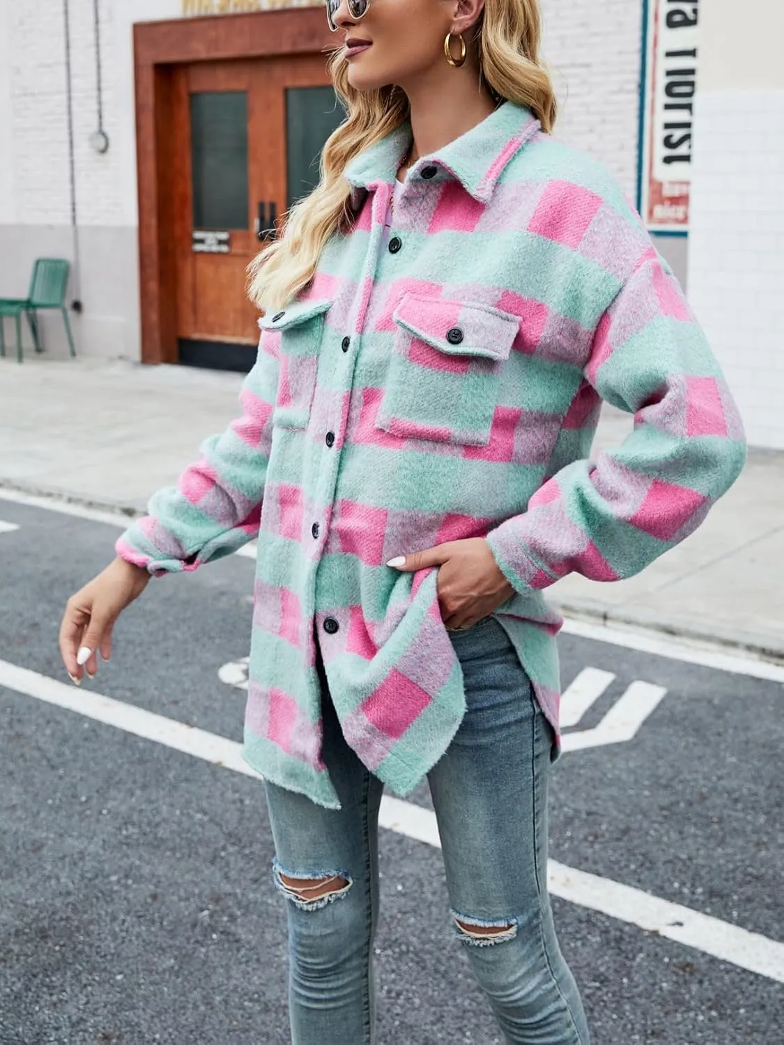 Womens Plaid Flannel Shirt Jacket Long Sleeve Wool Blend Tartan Shacket Coat