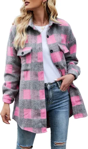 Womens Plaid Flannel Shirt Jacket Long Sleeve Wool Blend Tartan Shacket Coat