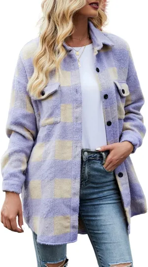 Womens Plaid Flannel Shirt Jacket Long Sleeve Wool Blend Tartan Shacket Coat
