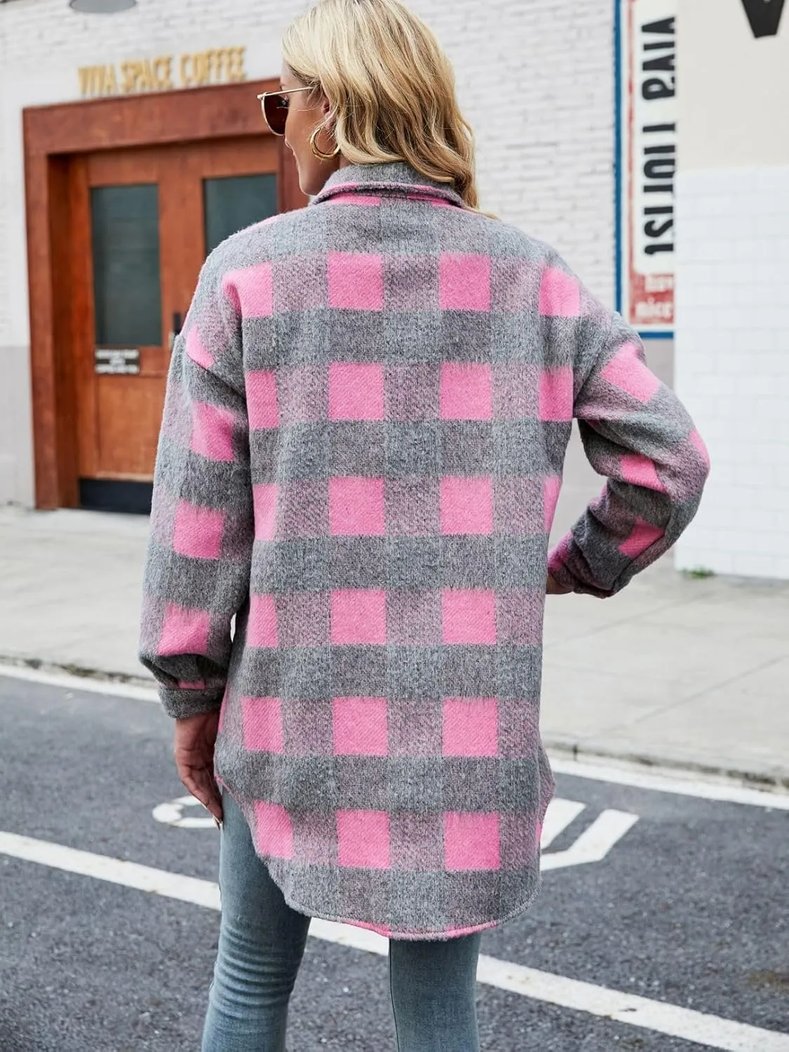 Womens Plaid Flannel Shirt Jacket Long Sleeve Wool Blend Tartan Shacket Coat