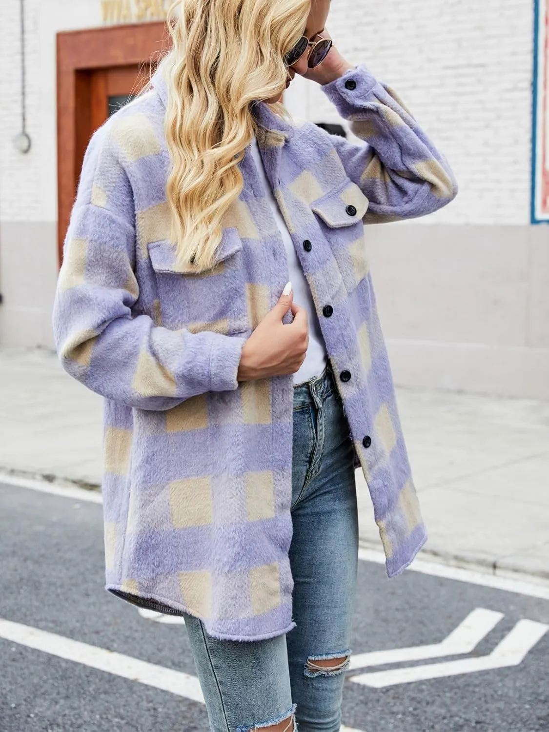 Womens Plaid Flannel Shirt Jacket Long Sleeve Wool Blend Tartan Shacket Coat