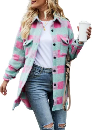 Womens Plaid Flannel Shirt Jacket Long Sleeve Wool Blend Tartan Shacket Coat
