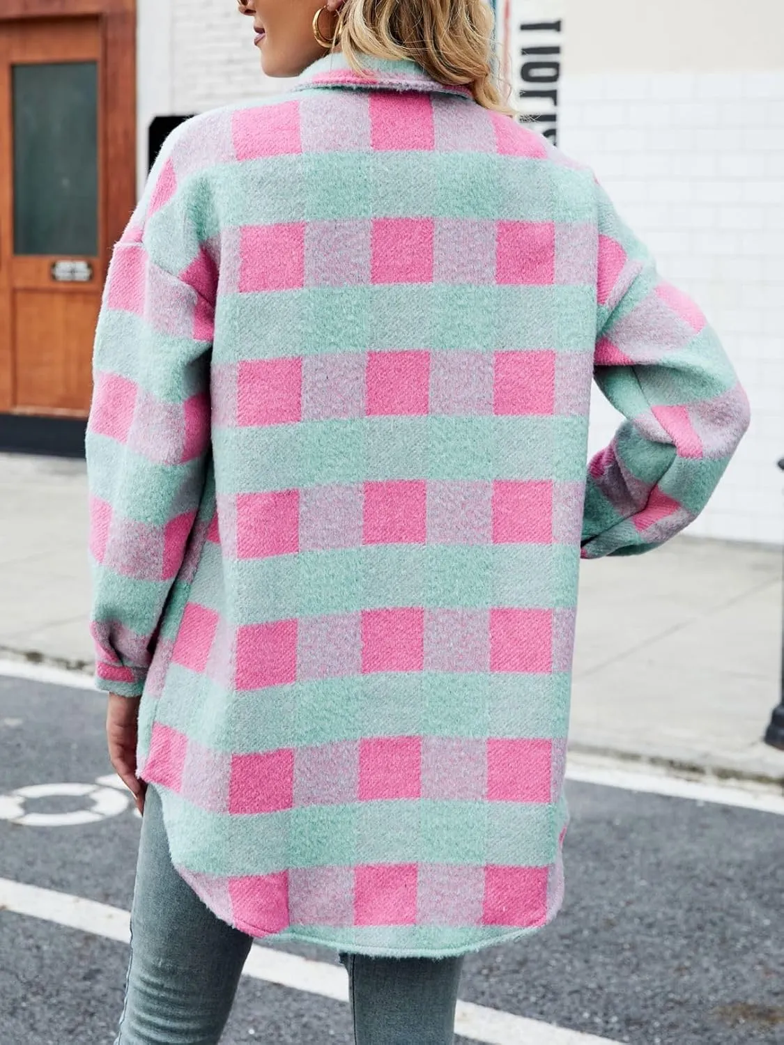 Womens Plaid Flannel Shirt Jacket Long Sleeve Wool Blend Tartan Shacket Coat