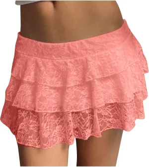 Womens Pleated Mini Skirt Sexy Lace Ruffle Low Rise Layered Skirt Y2k Pleated Flowy Short Underskirt Party Streetwear