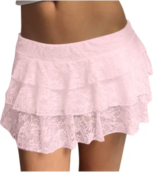 Womens Pleated Mini Skirt Sexy Lace Ruffle Low Rise Layered Skirt Y2k Pleated Flowy Short Underskirt Party Streetwear