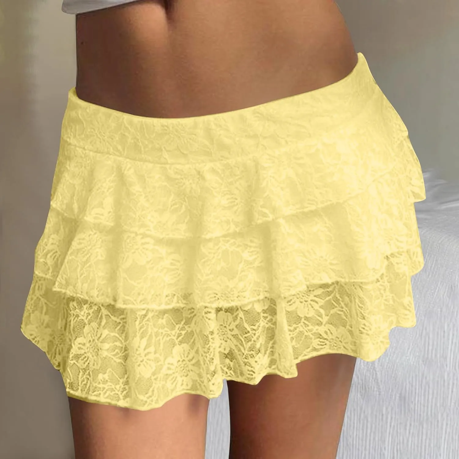 Womens Pleated Mini Skirt Sexy Lace Ruffle Low Rise Layered Skirt Y2k Pleated Flowy Short Underskirt Party Streetwear