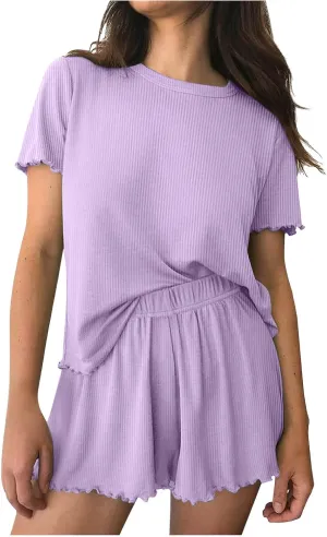 Womens Ribbed Knit Lounge Set Short Sleeve Top and Shorts Sleepwear Ruffle Trim Pajama Set Soft Two Piece Outfits Set
