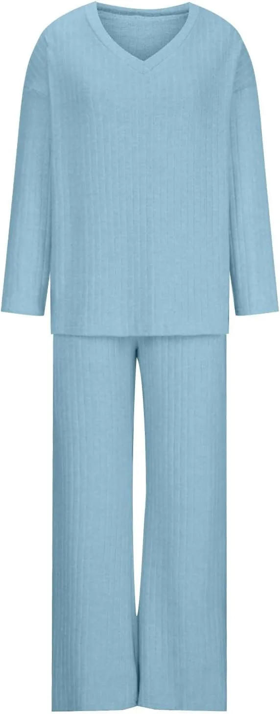 Womens Ribbed Knit Lounge Set V Neck Long Sleeve Tops and Long Pants Sleepwear Pajama Set 2 Piece Matching Outfits