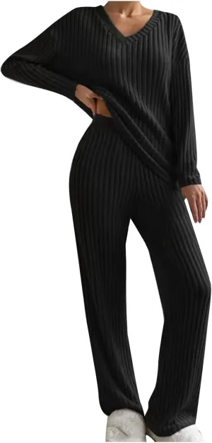 Womens Ribbed Knit Lounge Set V Neck Long Sleeve Tops and Long Pants Sleepwear Pajama Set 2 Piece Matching Outfits