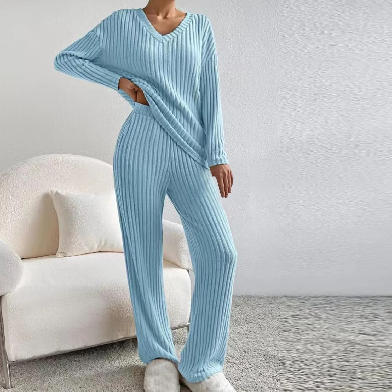 Womens Ribbed Knit Lounge Set V Neck Long Sleeve Tops and Long Pants Sleepwear Pajama Set 2 Piece Matching Outfits
