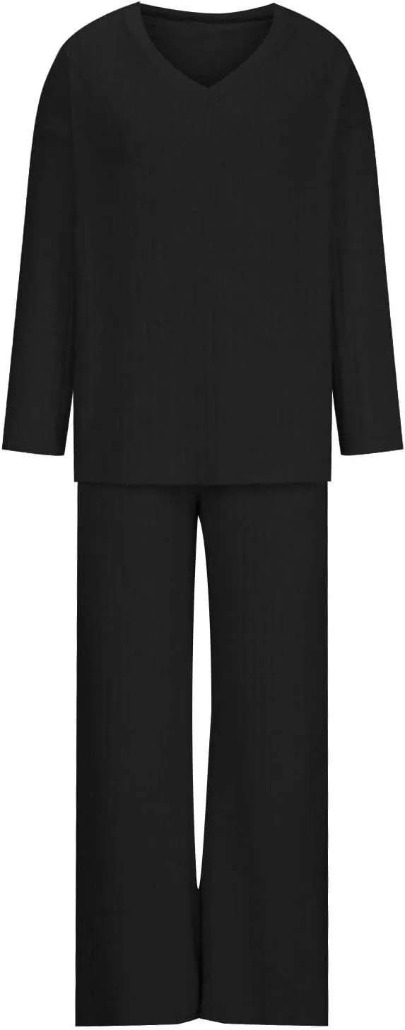 Womens Ribbed Knit Lounge Set V Neck Long Sleeve Tops and Long Pants Sleepwear Pajama Set 2 Piece Matching Outfits