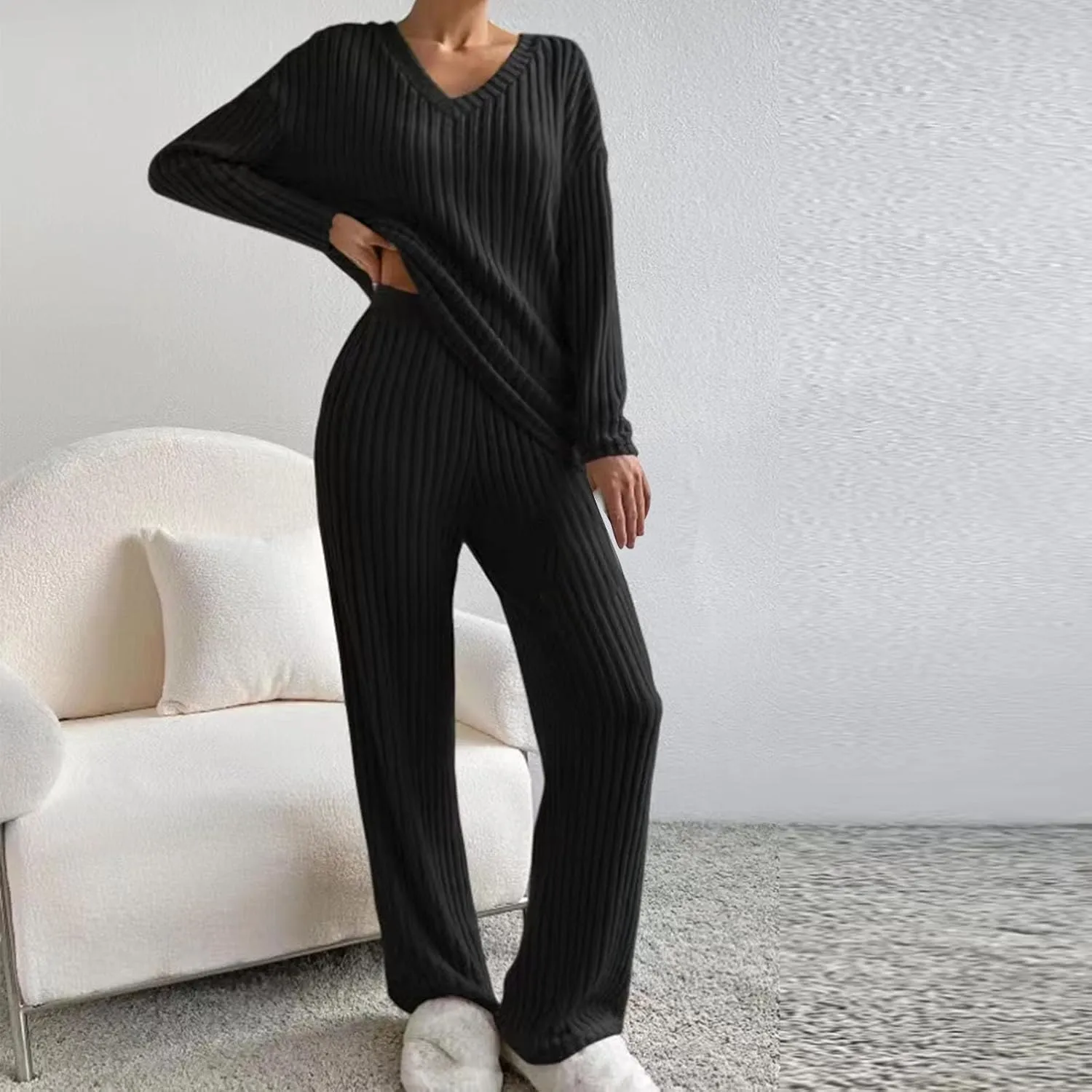 Womens Ribbed Knit Lounge Set V Neck Long Sleeve Tops and Long Pants Sleepwear Pajama Set 2 Piece Matching Outfits