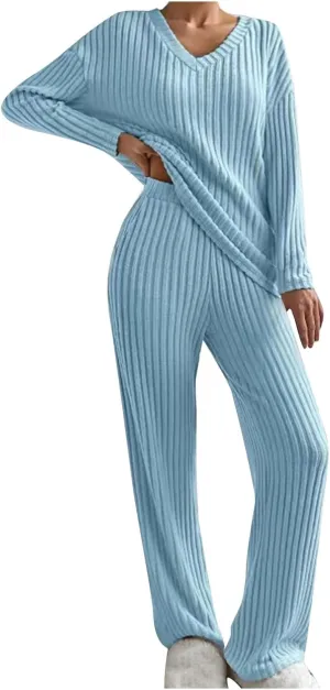 Womens Ribbed Knit Lounge Set V Neck Long Sleeve Tops and Long Pants Sleepwear Pajama Set 2 Piece Matching Outfits