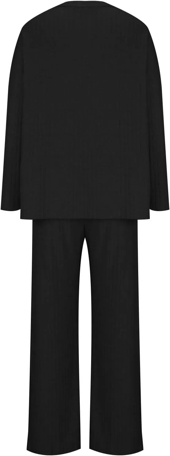 Womens Ribbed Knit Lounge Set V Neck Long Sleeve Tops and Long Pants Sleepwear Pajama Set 2 Piece Matching Outfits