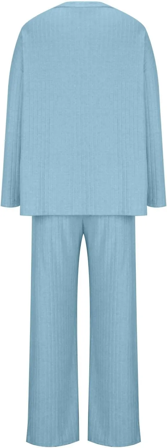 Womens Ribbed Knit Lounge Set V Neck Long Sleeve Tops and Long Pants Sleepwear Pajama Set 2 Piece Matching Outfits