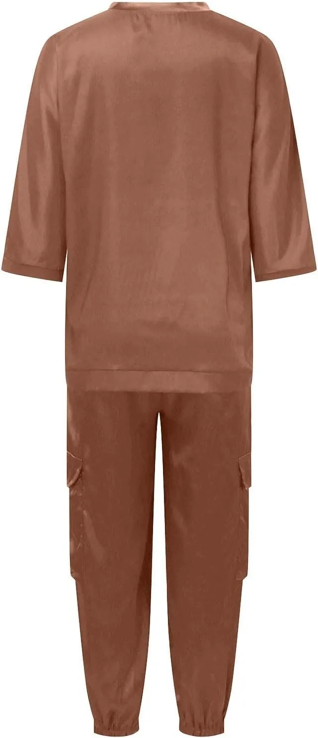 Womens Satin 2 Piece Outfits Silk Lounge Sets 3/4 Sleeve Patchwork Tops and Wide Leg Satin Pants Sets Loungewear