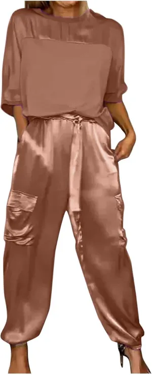 Womens Satin 2 Piece Outfits Silk Lounge Sets 3/4 Sleeve Patchwork Tops and Wide Leg Satin Pants Sets Loungewear