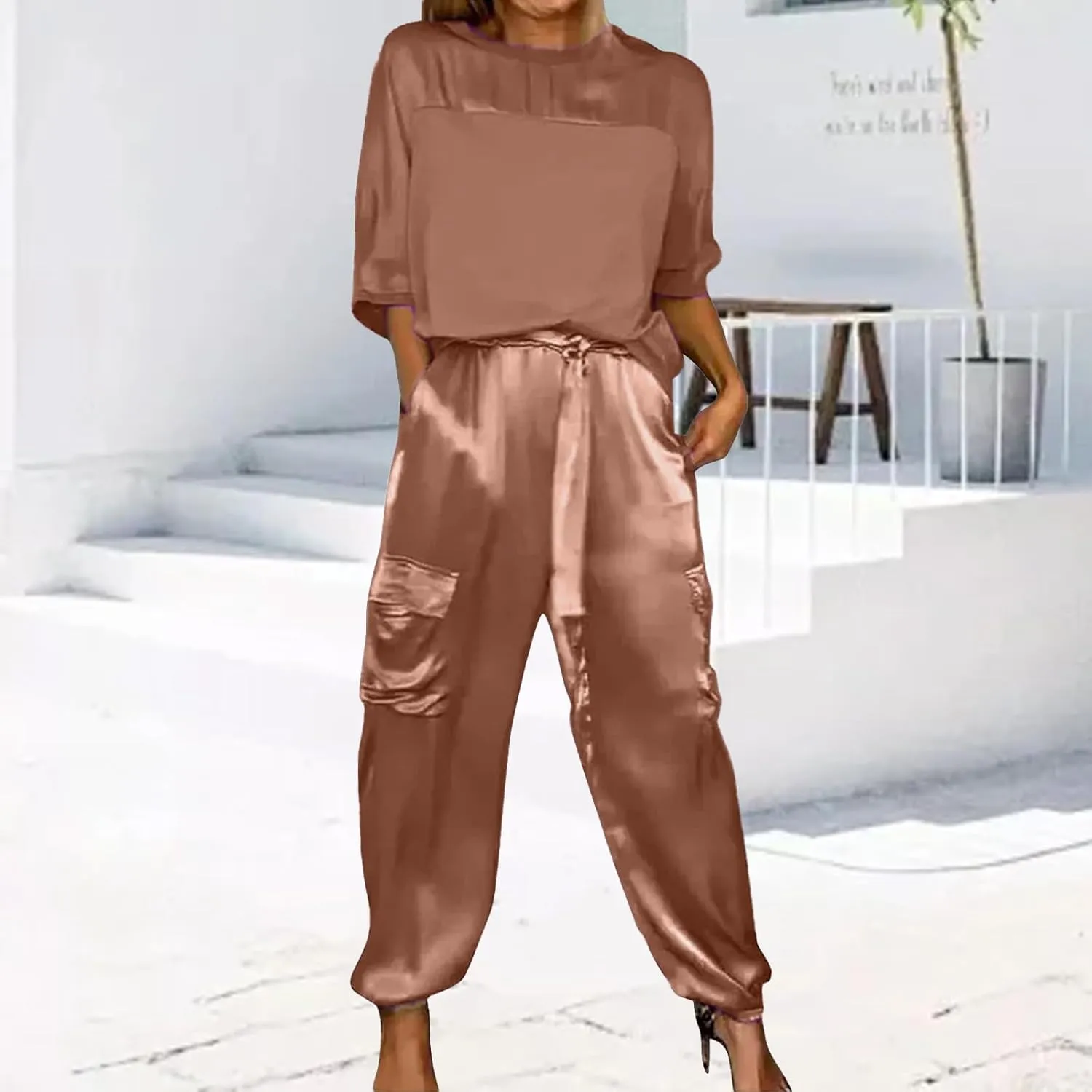 Womens Satin 2 Piece Outfits Silk Lounge Sets 3/4 Sleeve Patchwork Tops and Wide Leg Satin Pants Sets Loungewear