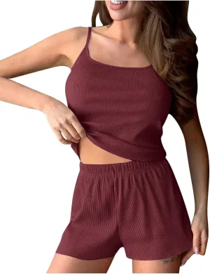 Women's Sexy Pajama Set Soft Comfy Ribbed Cami Top Shorts Set Sleepwear Spaghetti Strap Lounge PJ Set Nightwear