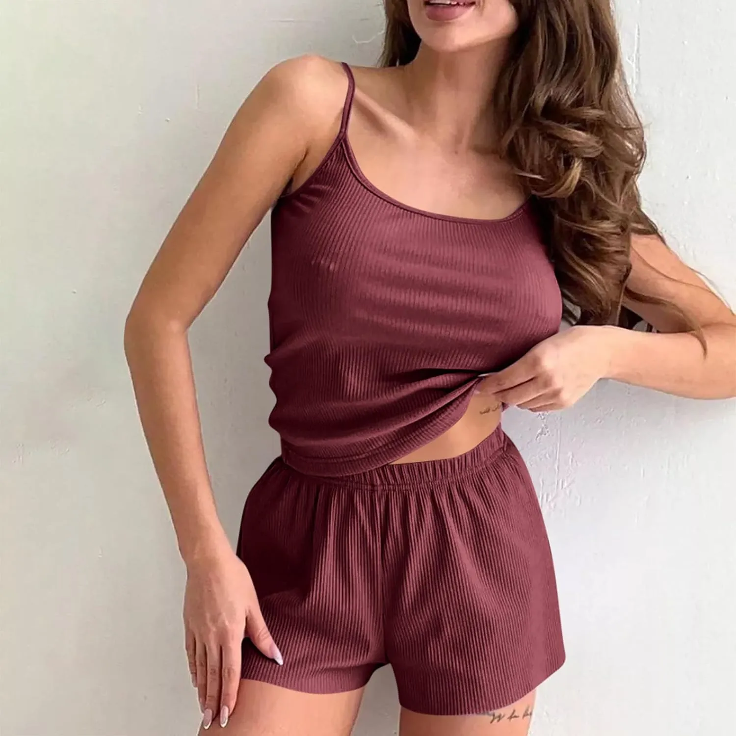 Women's Sexy Pajama Set Soft Comfy Ribbed Cami Top Shorts Set Sleepwear Spaghetti Strap Lounge PJ Set Nightwear