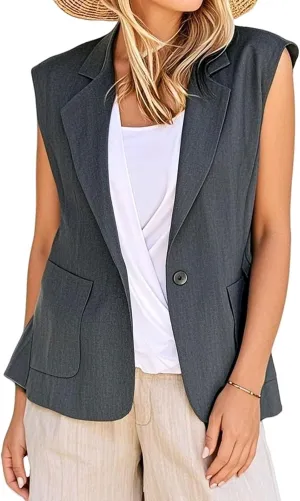 Womens Sleeveless Vest Casual Business Blazer Vest Open Front Single Button Blazers Work Office Summer Jacket